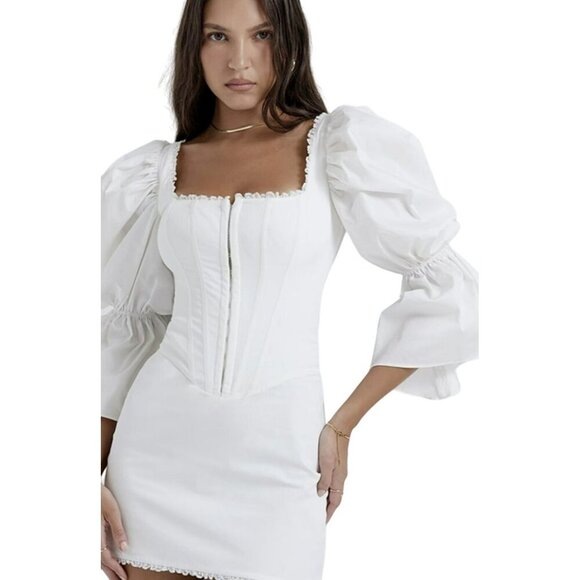 House of CB White Corset Mini Dress Puff Sleeve Coquette Wedding Sz Small NWOT - Picture 3 of 11